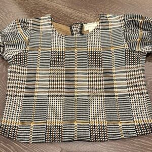 btween Checkered Puff Sleeve Blouse - Black, White, Gold